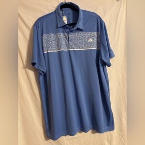 Adidas men’s light blue floral print three button short sleeve polo shirt. 2XL.